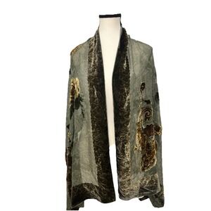 REDFISH DESIGNS Silk Blend VELVET Scarf FLORAL Feather Rectangle 66" Long Vtg